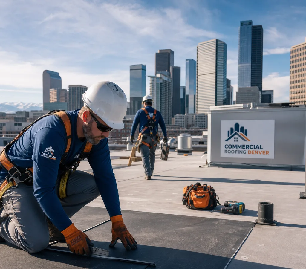 Commercial roofers preparing a low-slope roof inspection area with safety gear and the Denver skyline behind them