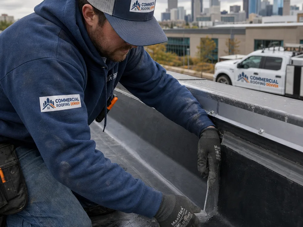 Properly terminated commercial roof membrane at a parapet wall with clean edge metal and sealant workmanship