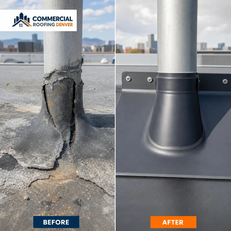 Failing commercial roof penetration flashing replaced with terminated membrane and new counterflashing