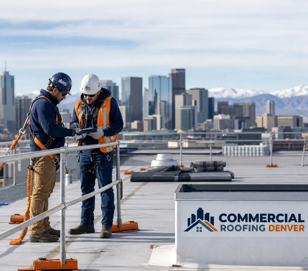 Commercial roofing crew inspecting a low-slope Denver roof with safety rails and fall protection