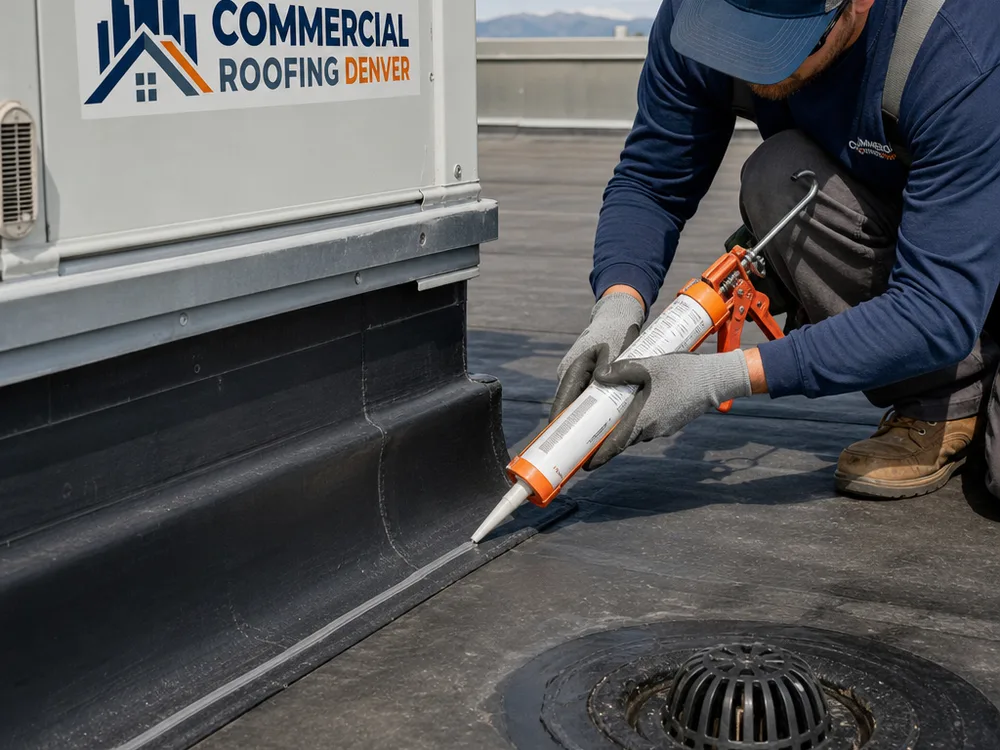 Commercial membrane flashing properly terminated at an HVAC curb near a roof drain