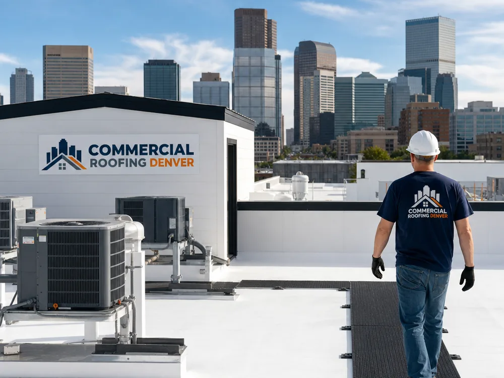 Finished low-slope commercial membrane roof with walkway pads and clean equipment terminations