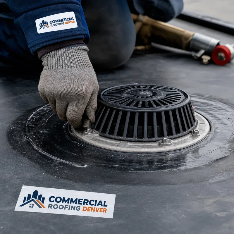 Properly flashed roof drain with a clean membrane tie-in on a low-slope commercial roof