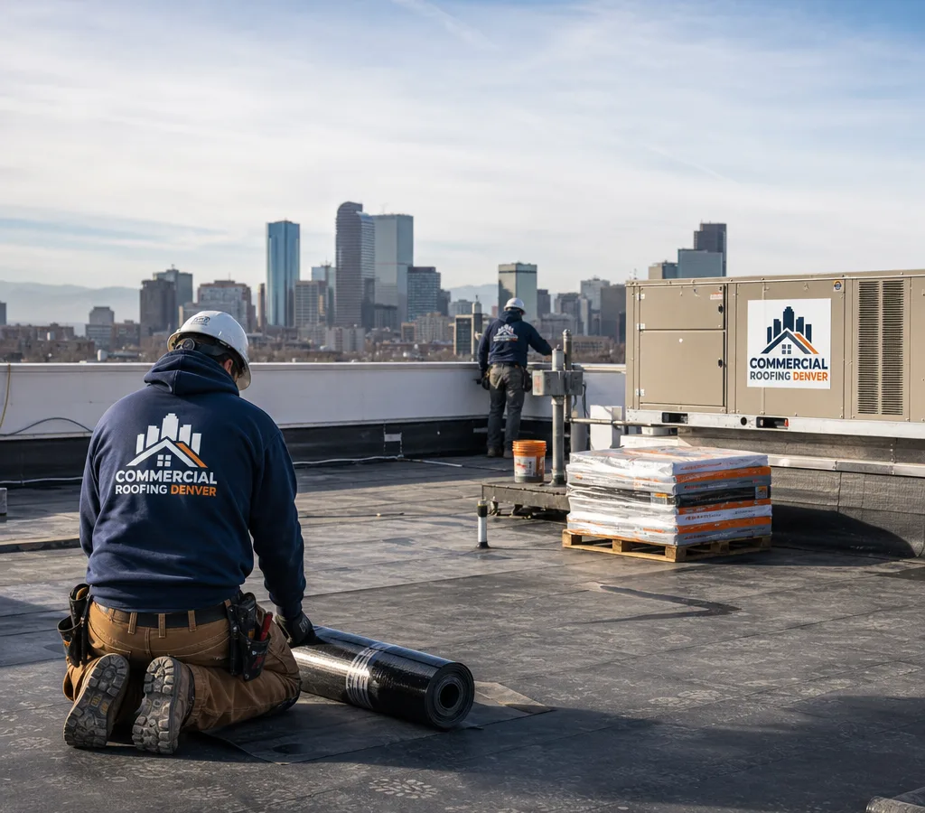 Commercial roofing crew safely staging materials near rooftop units and parapet walls on a low-slope Denver roof