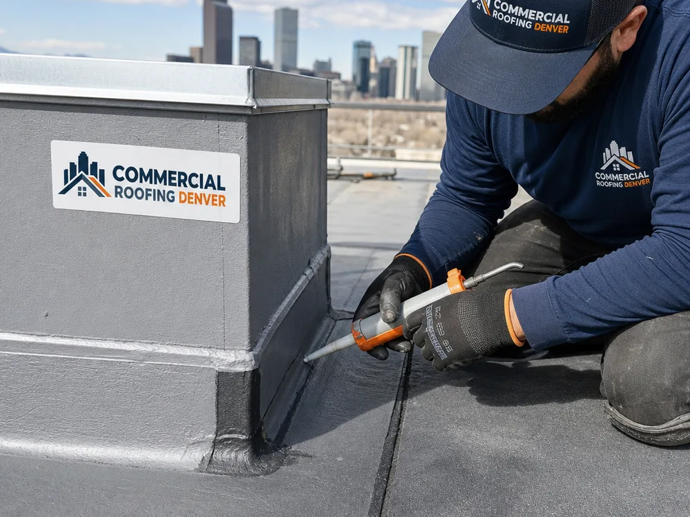 Properly terminated curb and flashing detail on a low-slope commercial membrane roof