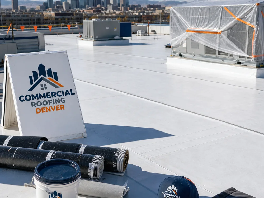 Clean and organized commercial roof repair area with protected rooftop units and neatly rolled membrane seams