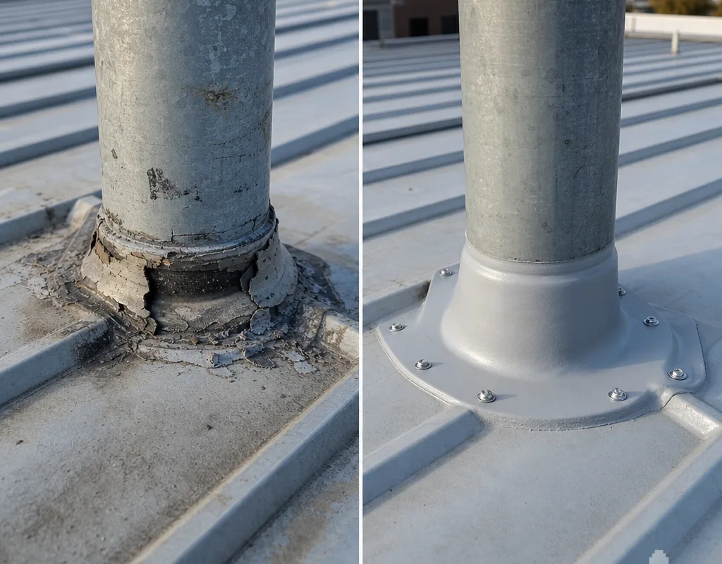 Before and after comparison of a failed metal roof penetration and rebuilt flashing with correct closures and fasteners