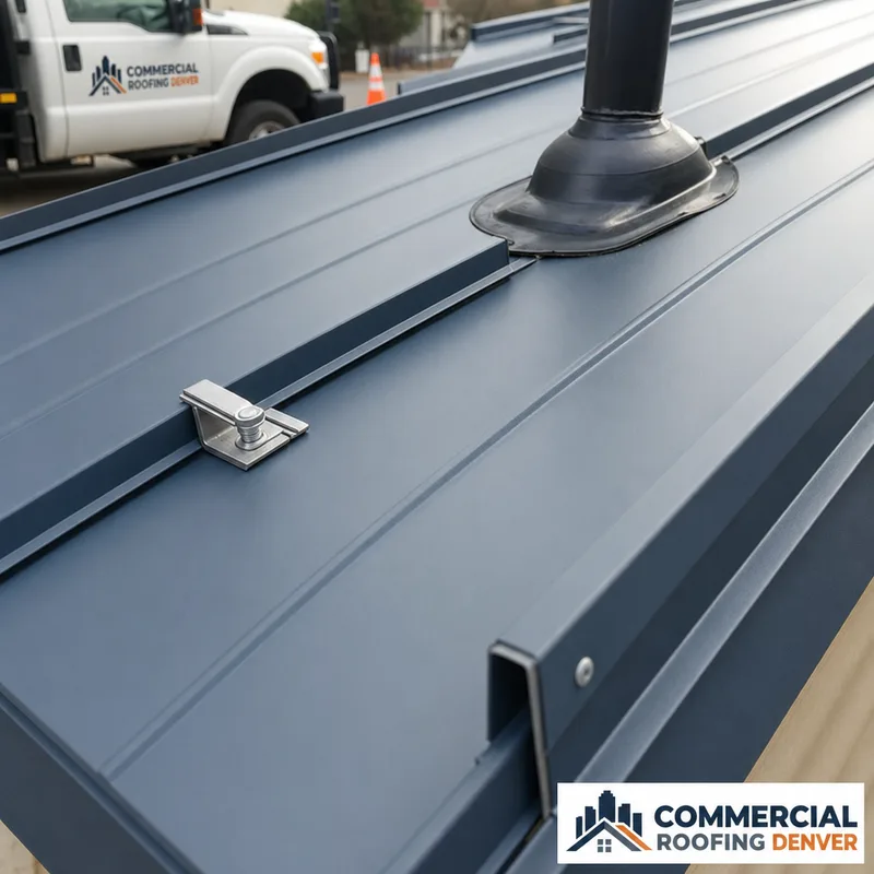 Standing seam metal roof with visible seam profile, ridge and eave details, and a properly flashed pipe penetration