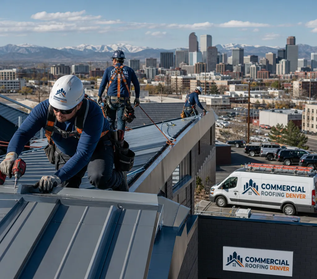 Commercial metal roof installation crew working with metal panels and safety tie-offs on a mixed roofline in Denver