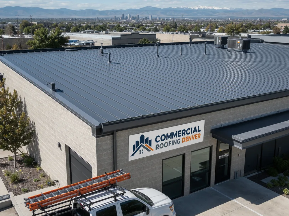 Completed standing seam metal roof on a commercial building with straight panel lines, clean ridge cap, and finished eaves and gutters