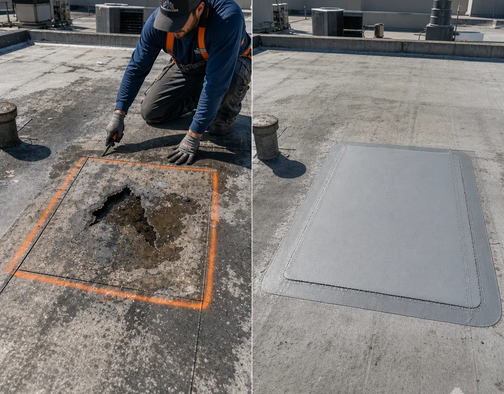 Before and after view of a punctured wet membrane area and its completed welded commercial roof patch