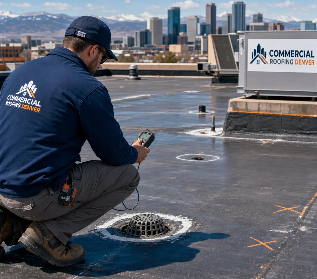 Technician inspecting marked commercial flat roof repair areas near drains and HVAC curbs in Denver