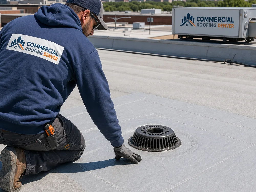 Finished flat roof drain repair with a clean membrane tie-in and clear water path