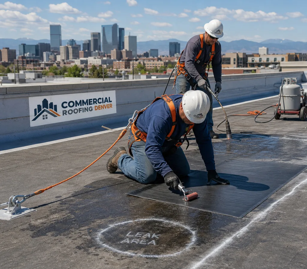 Technicians repairing a marked leak area on a Denver commercial low-slope membrane roof with safety lines in place