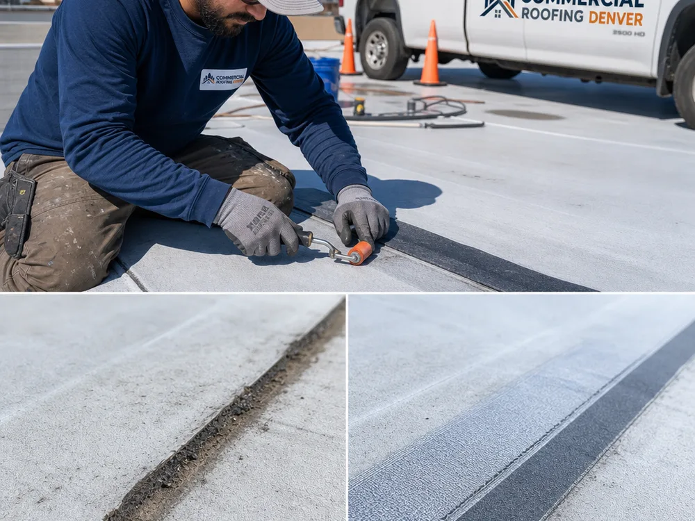 Technician using roller pressure to finish a reinforced membrane seam repair on a commercial low-slope roof
