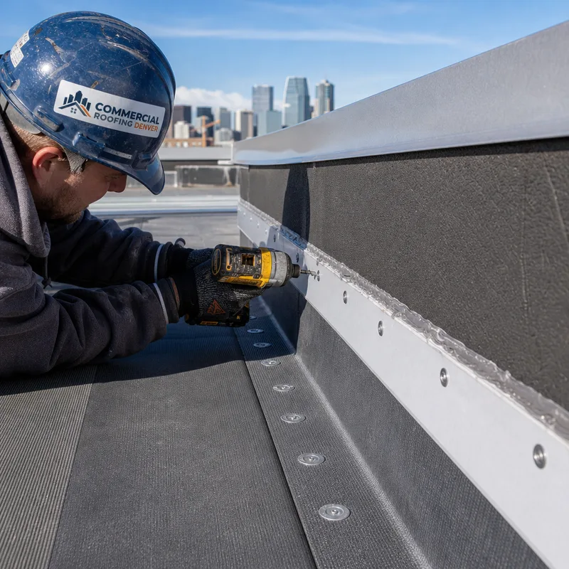 New single-ply commercial roof membrane terminated at a parapet wall with clean seams, termination bar, sealant, and metal coping