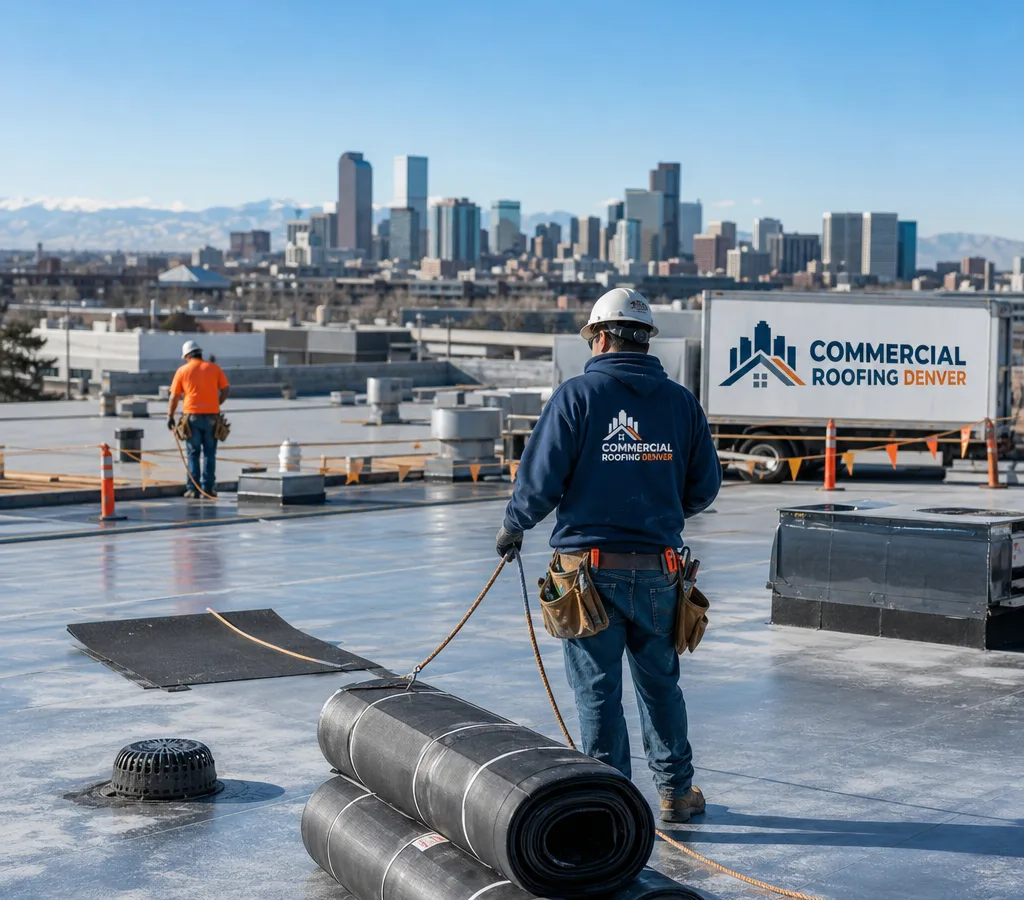 Commercial roof installation crew staging materials and safety lines on a low-slope Denver building with rooftop drains and HVAC curbs visible