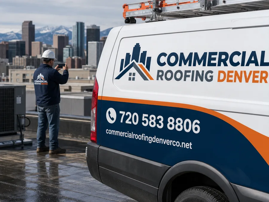 Commercial roof inspector documenting parapet coping and edge metal conditions